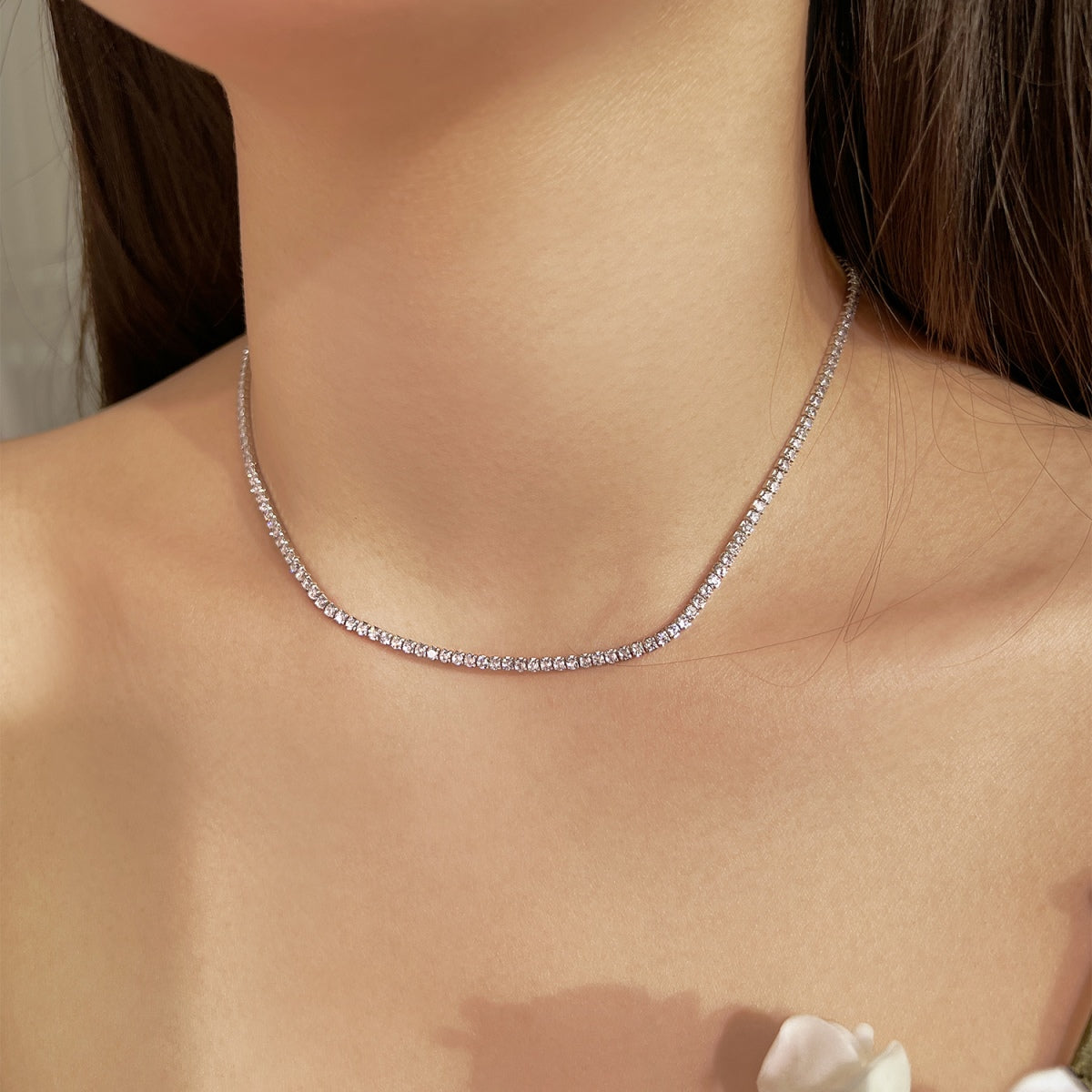 [Together]Delicate Round Shape Tennis Necklace